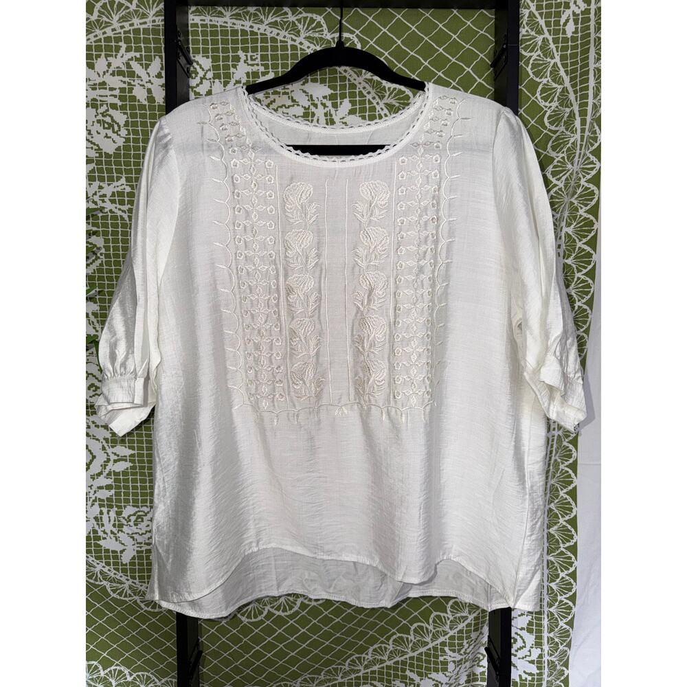 Boho White Linen-Blend Embroidered Peasant Blouse – Cottagecore Top – Size XL